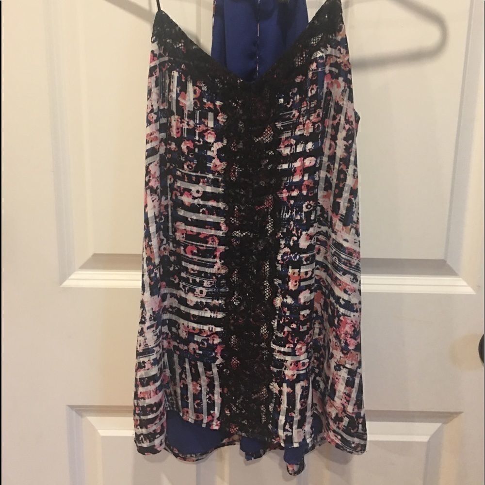 Express Floral Stripe Lace-Trim Tank Top in Black, Pink, Blue